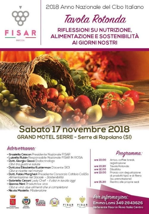 Il programma della mezza giornata di lavori su nutrizione, alimentazione e sostenibilità organizzata dalla delegazione Centro Italia di FISAR In Rosa nell'anno del cibo italiano  