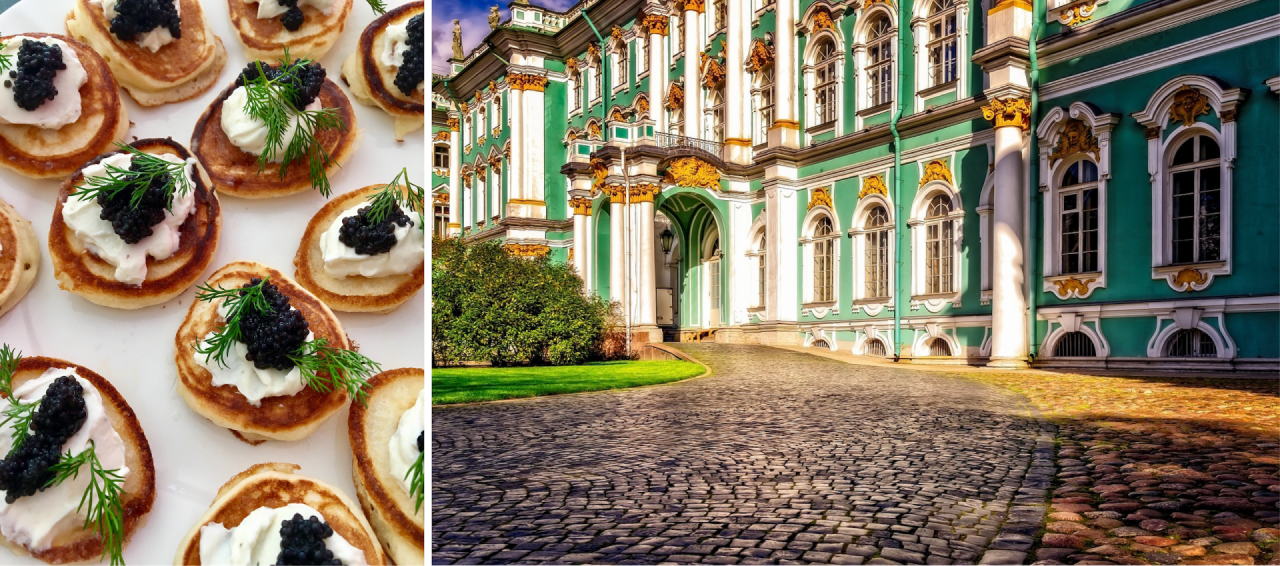 Bliný con smetana e caviale • Il cortile esterno del museo Ermitage di San Pietroburgo, tra i più visitati al mondo