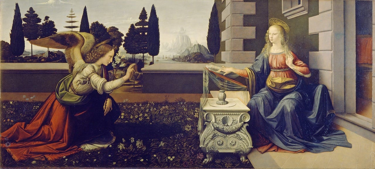 L'Annunciazione, olio e tempera su tavola attribuito a Leonardo da Vinci, conservato nella Galleria degli Uffizi di Firenze