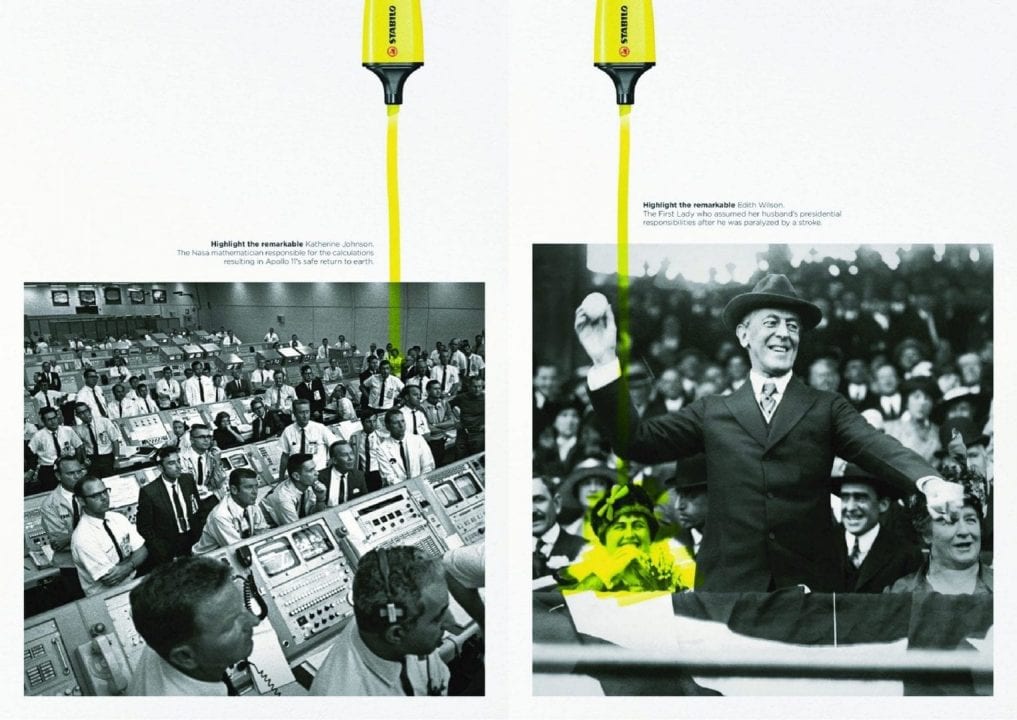 La pubblicità di Stabilo Boss "Highlight the Remarkable" che evidenzia a sinistra Katherine Johnson, a destra Edith Wilson