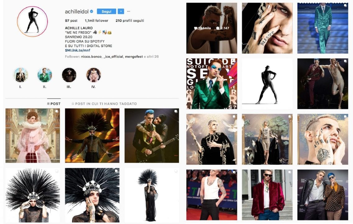 Il profilo Instagram di Achille Lauro