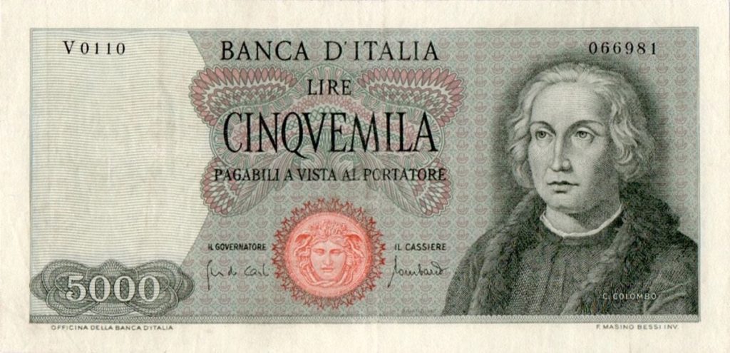 La banconota da 5.000 Lire del 1970 con l'effige di Colombo