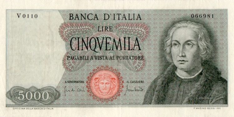 La banconota da 5.000 Lire del 1970 con l'effige di Colombo