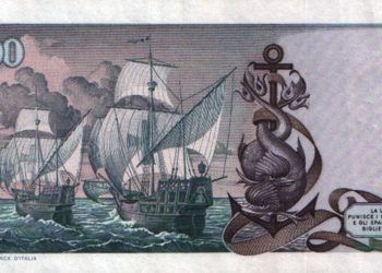 Le 5000 Lire del 1973 (2°tipo). Il retro con le navi di Colombo.