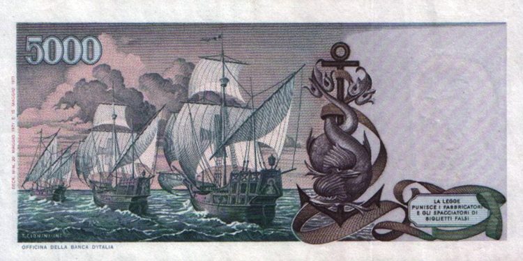 Le 5000 Lire del 1973 (2°tipo). Il retro con le navi di Colombo.