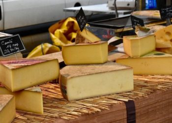 Formaggi francesi in un mercato a Lyon