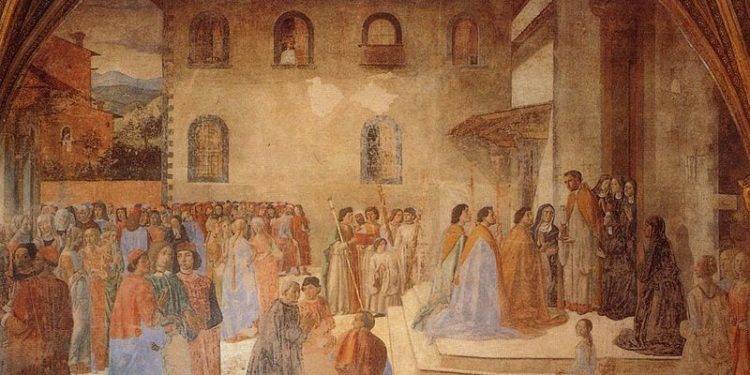 "Affesco del Miracolo del calice" di Cosimo Rosselli sito nella Cappella del miracolo della Chiesa di Sant'Ambrogio a Firenze.