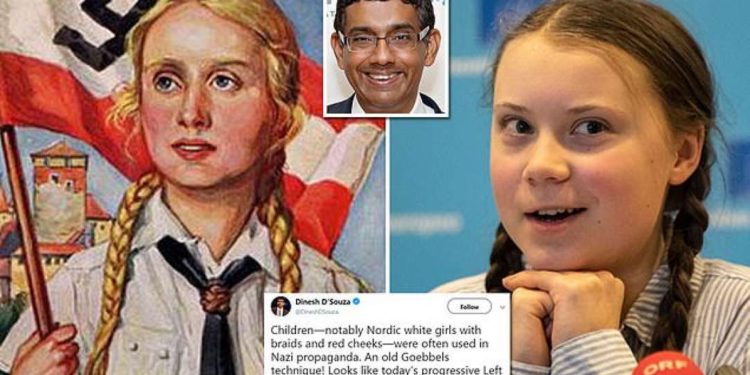 Greta Thunberg una bianca nordica come nella propaganda nazista. lo scrittore Dinesh D’Souza delira su Twitter